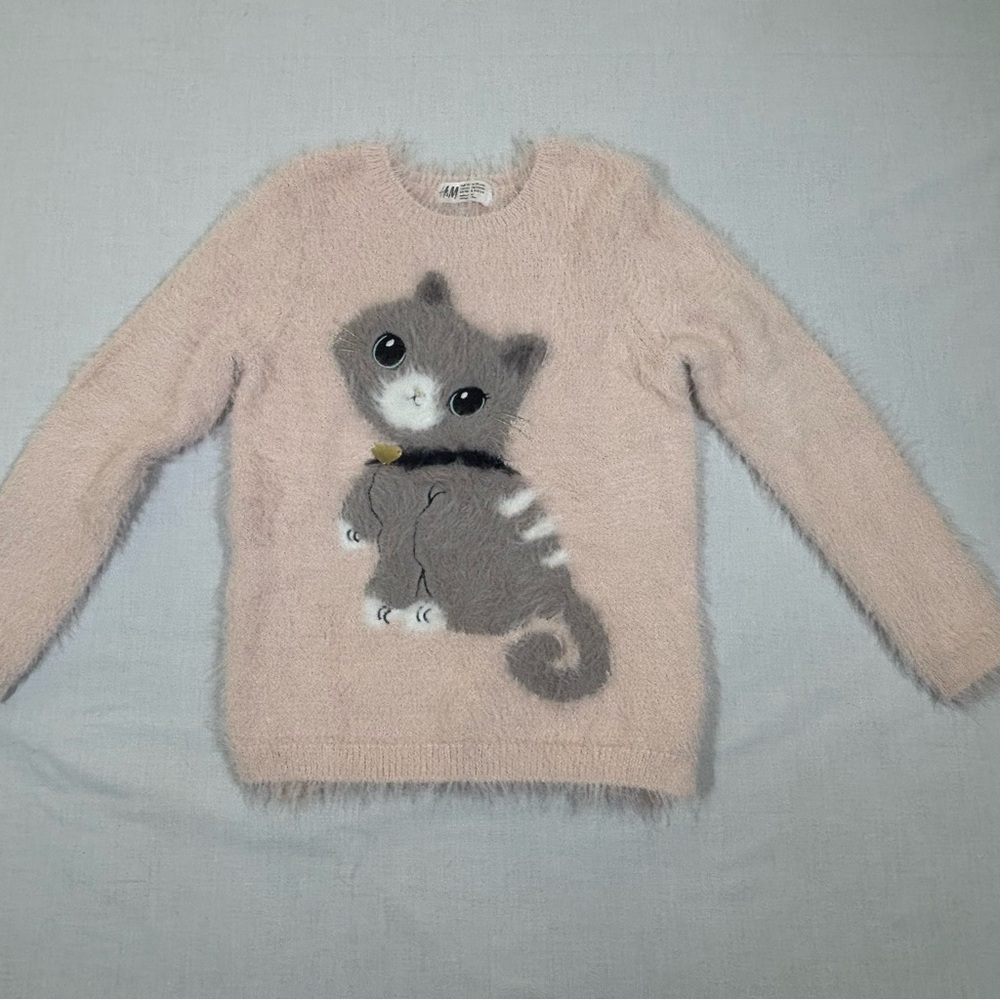 H&M Pink Fuzzy Sweater with Cat Design